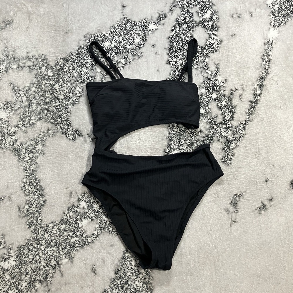 Shade‎ & Shore Black Cutout Bikini Set Womens Size Large Ribbed One-Piece